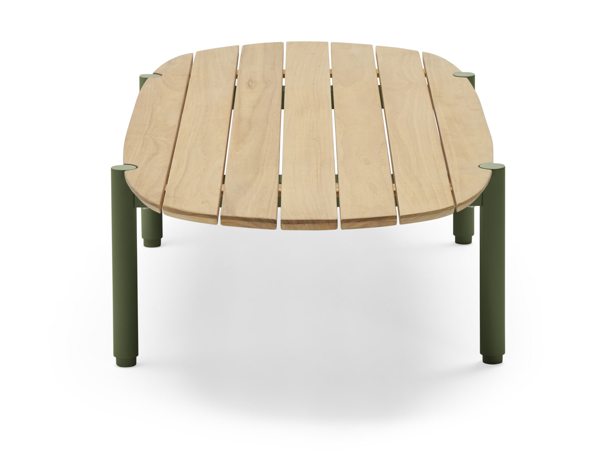 Vue latérale d'une table basse d'extérieur ovale en bois avec pieds verts